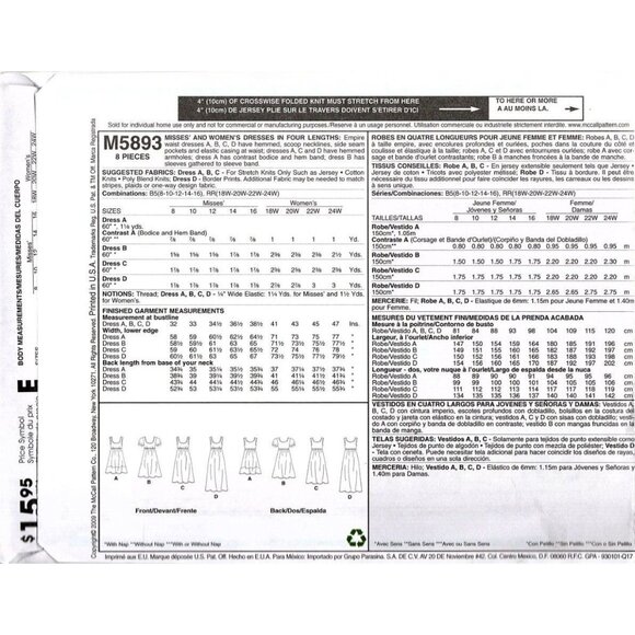 McCall's M5893 Womens 18W to 24W Loose Fitting Dress Uncut Sewing Pattern New - Picture 2 of 2